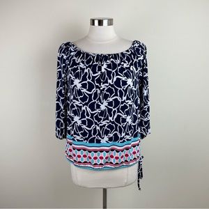 Kaari Blue Navy Blue White Floral Blouse Top Women Size Medium